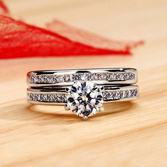 CZ Jewelry 2Pcs/Set Couples Ring For Women Silver Plated Ring, HA4428-6 - Picture 1 of 5